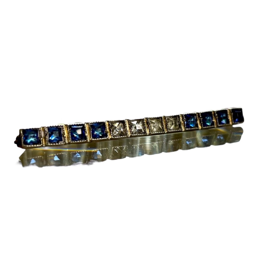 Antique Sterling E.I F. Co. Fine Crystal Bar Brooch, Blue & Diamond